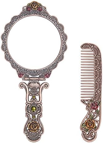 Nerien Гроздобер Огледало Чешел Поставите Метал Антички Зголеми Стил Рачно Огледало Шминка Патување Круг Виткање Козметички Огледало