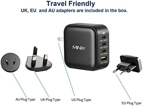 MINIX НЕО P3 100W 4-Пристаништа GaN Ѕид Полнач, 3 x USB-C Порта Брзо Адаптер за Полнење(Max 100W/20W), 1 USB-A (Max 18W).со НАС/AU/ЕУ/велика