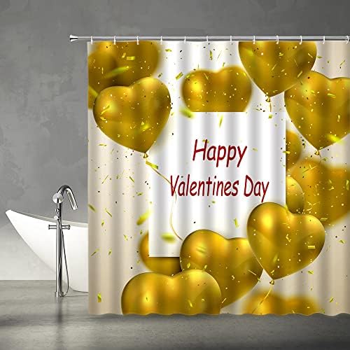 Денот на вљубените Туш Завеса Жолта Љубов Срце Среќен Романтични Ткаенина Дома Бања Оркестарот Сет со Куки（70 Wx96 H）