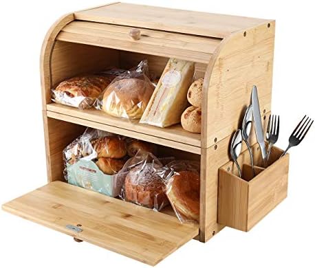 TQVAI Природни Бамбус 2 Слој Голем Леб Кутија за Кујна Контра Дрво Леб Складирање Сад - Може да се Користи како 2 Поединечна Леб