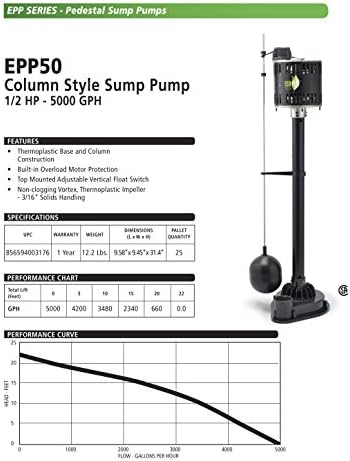 ЕКО-FLO Производи EPP50 Пиедестал Sump Пумпа со Вертикална Плови Прекинувач, 1/2 HP, 5,000 GPH