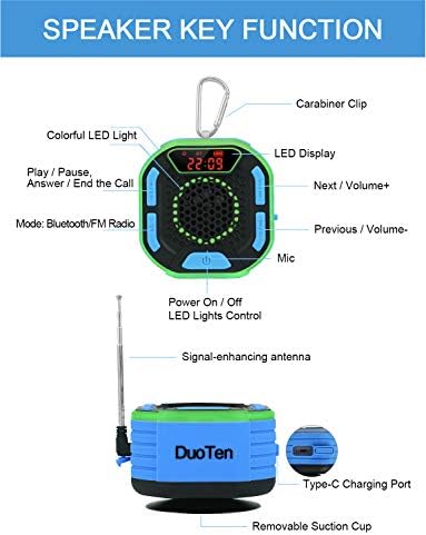DuoTen Туш Говорник, IPX7 Водоотпорен Преносни Bluetooth Звучници Туш Радио со Висока Стерео Звук, LED Дисплеј, светлосно Шоу, Вшмукување