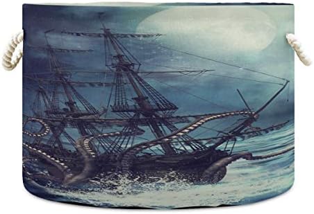 ALAZA Океанот Октопод Пиратски Брод Месечина Ноќ Големи Складирање Перење Кошница со Рачки за Ќебе Крпи Расадник Забавува Бин 20