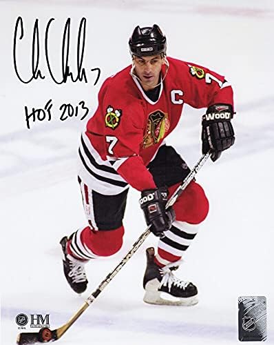 Крис Chelios Потпишан Чикаго Blackhawks Со дух пакостник Акција 8x10 Фото w/HOF 2013 - Шварц Автентични