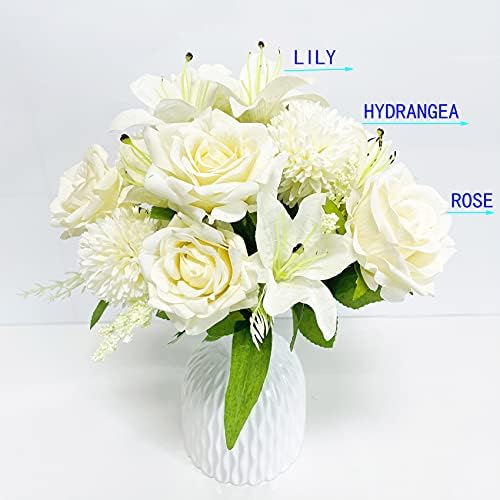 FTPRO 2 Вештачки Цвеќиња на Букети Рози, Hydrangea и Лилјани. Реална Лажни Цвет Аранжман е Погоден за Домашна Декорација на Булчински