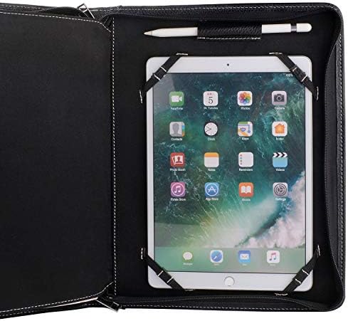 XIAOZHI Црна Кожа Портфолио со Notepad Простор за 10.2-инчен / 10.5-инчен / 11-инчен iPad, Padfolio Случај Бизнис Zippered Организатор