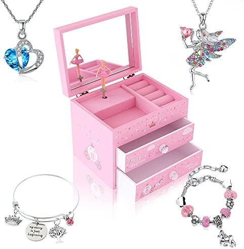 Агитација Деца Принцеза/Еднорог Дрвени Музички Накит Кутија за Девојки со Појавување на Ѓердан и Нараквица Сет (Розова Princess2)
