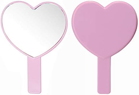 2 ПАРЧИЊА Срце Облик на Шминка Рака Огледало,Патување Рачно Огледало Преносни Лични Козметички Огледало со Рачка (Розева)